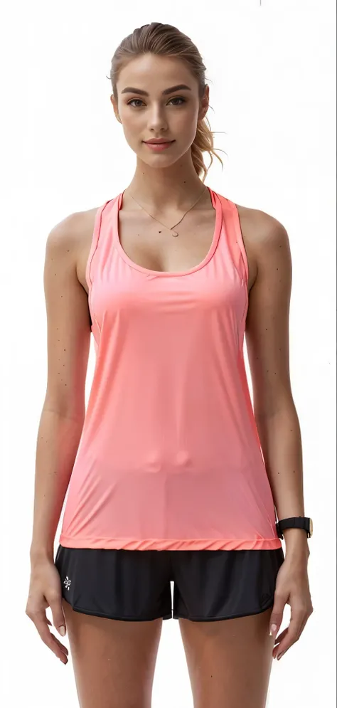 a woman in a pink regata and black shorts, tops sem mangas, regata, regata, tight fitted regata, coral vermelho, Vestindo regata, roupas esportivas, Vestindo a regata, Vestindo : regata, halter neck, coral, top rosa, roupas esportivas, Vestindo regata, Ros...