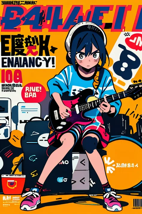 1 girl, neko-chan, (Striped underwear), Colorful Hair, (Playing electric guitar), ((Electric guitar in hand)), Best Shadow, (highest quality, Amazing details:1.25), ((Magazine Cover)), Magazine Title, article,