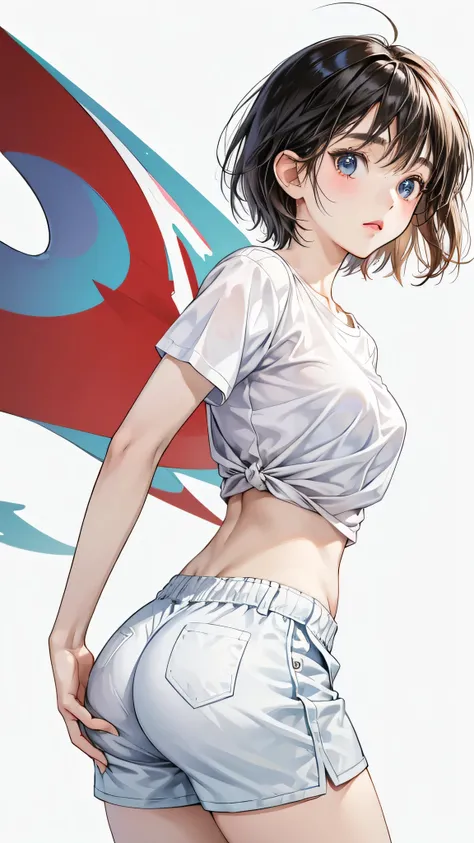 Adorable Girl . Very Kawaii , Round Face . Solo , Slim , Medium Breasts , Short Stature . Glossy Skin . Plain White T-shirt . Booty Shorts . Dynamic Pose . Dynamic Angle . No Background , White Background , looking at viewer