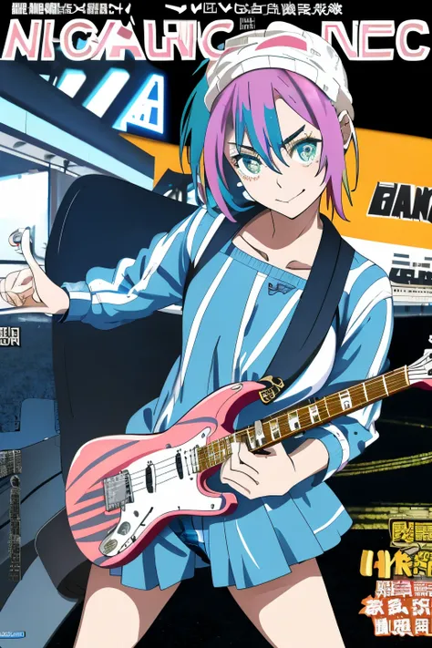 1 girl, neko-chan,band、Electric guitar (Striped underwear), Colorful Hair, (Electric guitarを弾く), ((手に持ったElectric guitar)), Best Shadow, (highest quality, Amazing details:1.25), ((Magazine Cover)), Magazine Title, article,