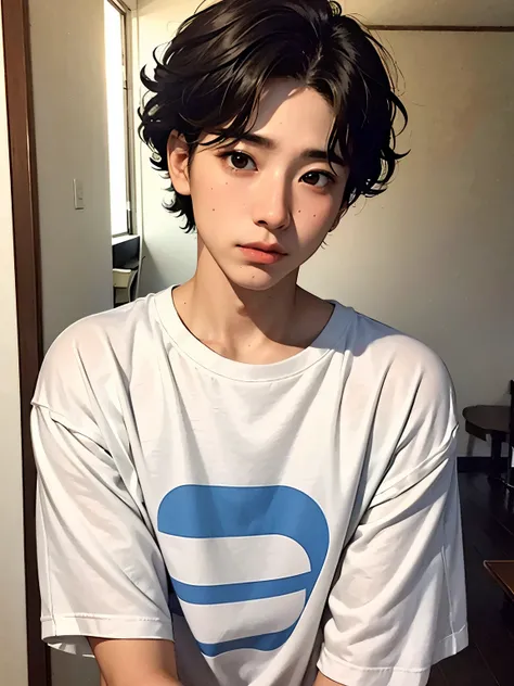 American young man with thin face, short curly hair, light skin, looking forward with a very shy expression, dressed with long t-shirt