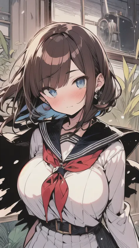 (best quality), (Super detailed), (Best Illustration), (masterpiece), (woman), high contrast, {(serafuku:1.2)}, (large breasts), {brown hair, (sideburns), (bob cut:1.3), curly hair, hairs between eyes, colored inner hair}, {(detailed eyes), blue eyes}, blu...