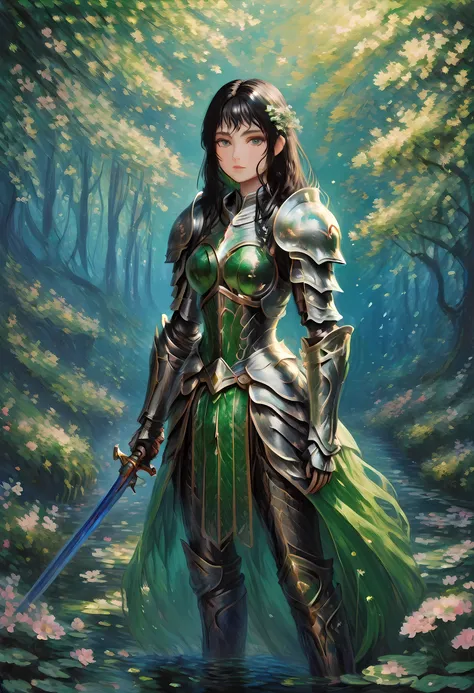 (claude monet style:1.5) claude_monet style painting, a picture of woman paladin of nature protecting the forest, a woman knight...