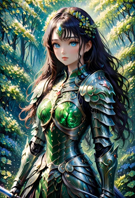 (claude monet style:1.5) modisn disney, claude_monet style painting, a picture of woman paladin of nature protecting the forest,...