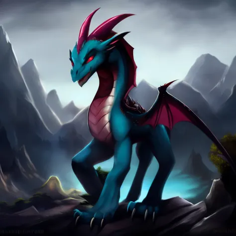 the Dragon, male,wing, Landscape, creaf, dark gray mane, dark brown coat color, turquoise eyes, no Insignia ,dark fantasy aesthetics, one full length, without items of clothing