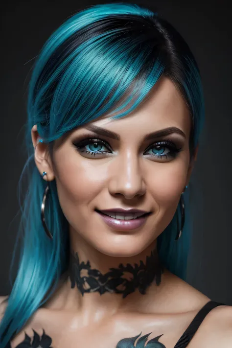 (best quality,ultra-detailed,photorealistic:1.37),beautiful punk woman in her early 30s,beautiful detailed smile,dark makeup,cyan hairstyle,hyper-detailed photography,soft light,head and shoulders portrait,cover shot