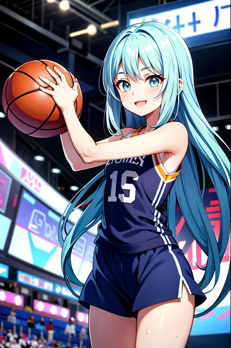 Basketball player girl, Happy, Light blue long hair、Twin-tailed Girl, Bright smile、slim, During a basketball game、Shooting Position、Sweat dripping、Match venue、A packed audience、