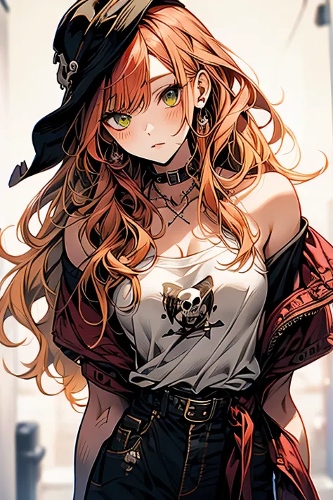 masterpiece, highest quality, pixiv, cool girl, the strongest pirate girl, skull fashion, orange red hair, curly hair, dull bangs, straight bangs, green eyes, white skin, gal, Improve