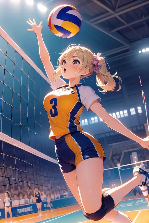 (((masterpiece))), (((highest quality))), ((volleyball)), ((Jumping)), ((Proudly)), ((Lift your head)), ((raise your shoes)), ((Lift your legs)), Sportswear, Wind, night, crowd, Stadium, Cinematic Light, Cleavage, (((Big Breasts))), ribbon, Blonde twin tai...