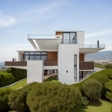 arafed maison moderne with a large balcony, Villa on the hill, maison contemporaine, large modern residence, chef d&#39;well designed work, vue de face, maison moderne, exterior wide angle 2023, clear sky, architecture contemporaine, archaic, un plan loint...