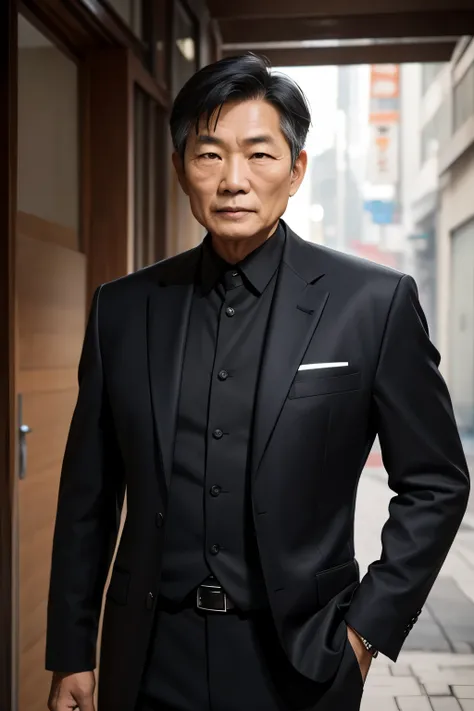 65 year old man, Asian, looking in front of the camera, realistic and hyperrealistic, black suit