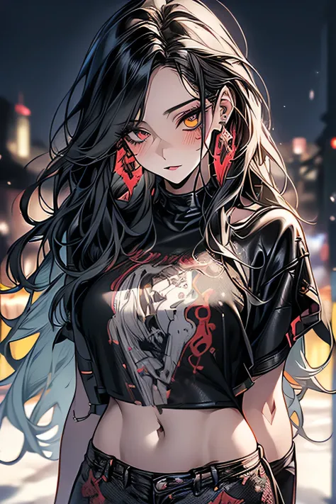 goth girl,1girl,((extremely cute and beautiful black haired anime goth girl)),(((16 years old))),(large breasts:1.2),((((black wavy hair:1.35,absurdly long unkempt hair,messy hair,colored inner hair,ear breathing)))),((heterochromia:1.5, (red_eye))),intric...