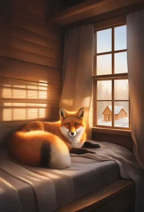 furry, fox, lying on bed, wooden house, cozy, warm lighting, detailed fur texture, relaxed expression, rustic interior, wooden furniture, natural light coming through the window, soft bedding, peaceful ambiance, homey atmosphere, detailed background, intri...