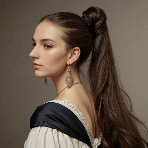  European woman with long hair in a ponytail, elegant portrait photo, fancy earrings, Victorian dress