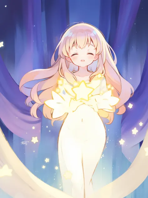 wishing star background, woman surrounded by flowing translucent fabric that reflects the stars, woman holding a glowing star in her hands, magical, complex drawing, highly detailed, ethereal, starry night, midjourney style