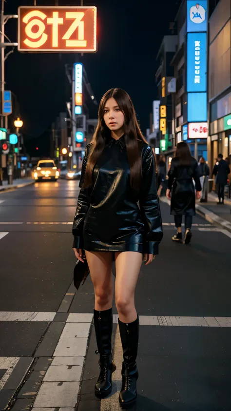 a woman with long hair in front of a street, 4k detailed digital art, highly detailed digital art in 4k,  Japan art style, woman in the middle of the street, cars around, hollywood frame, cinematic lights, hair with, there are no people in the background