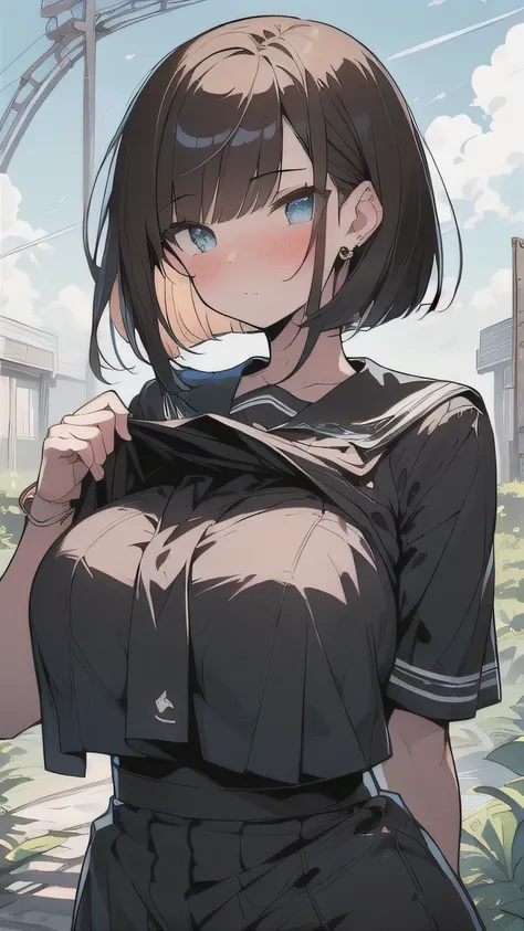 (best quality), (Super detailed), (Best Illustration), (masterpiece), nsfw, (woman), high contrast, {(serafuku lift:1.2), show off breast}, (large breasts), {brown hair, (sideburns), (bob cut:1.3), curly hair, hairs between eyes, colored inner hair}, {(det...