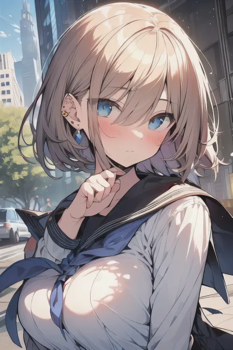 (best quality), (Super detailed), (Best Illustration), (masterpiece), (woman), {(white serafuku:1.2)}, (large breasts:1.2), {brown hair, (sideburns), (bob cut:1.3), curly hair, hairs between eyes, colored inner hair}, {(detailed eyes), blue eyes}, blush, e...