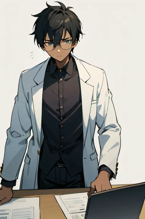 male, teen, lab background, glasses, black skin color, lab coat chair.