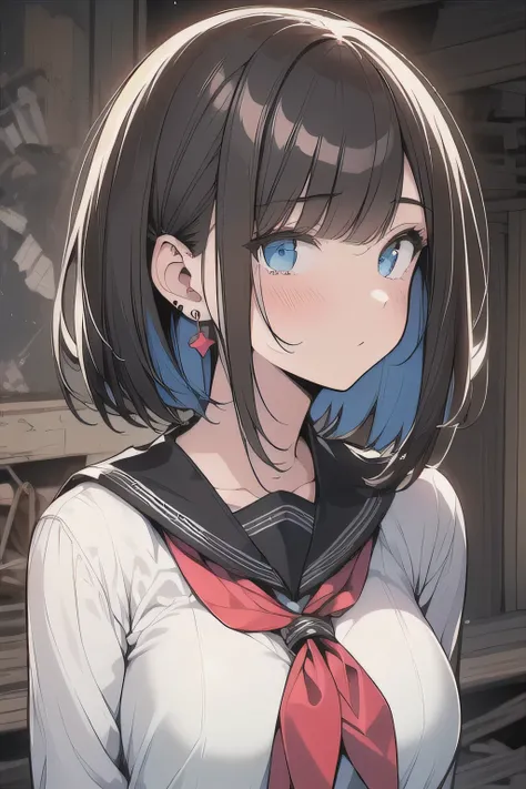 (best quality), (Super detailed), (Best Illustration), (masterpiece), insane detail, score_9, score_8_up, score_7_up, 4k, (teenager), (cute girl), solo, (serafuku), (large breasts:1.2), {brown hair, (sideburns), (bob cut:1.3), curly hair, hairs between eye...