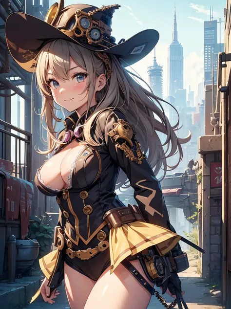 (Line art_anime),(Cowboy Shot,Low Angle, highest quality, ),(Laura Budd Photos:1.2),(Laura Add details:1.0),8k, Flat Color:0.8,1 girl,smile,(Highly decorative and complex mechanical steampunk fashion, Lace flare dolphin hat、Goggles 1.5、machinery background...