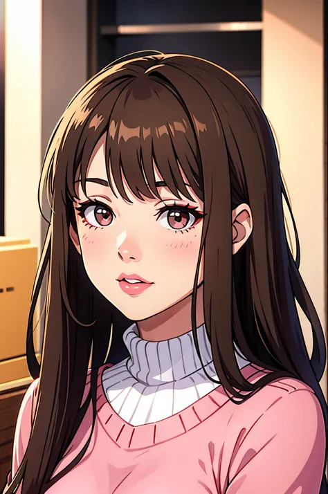 girl, long straight brown hair, gray eyes, soft sharp features, white skin, pink lips, red sweater.