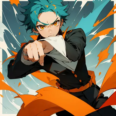 1 boy, Turquoise hair, orange eyes, black uniform, handsome, 15 years old kid, wearing uniform, orange eye liner, fighting pose, high quality, wallpaper
