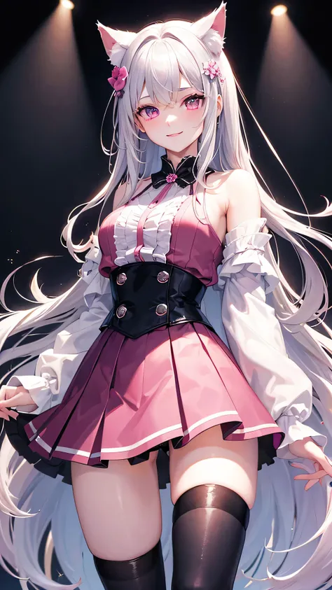 masterpiece,highest quality,Highly detailed face,fine grain,Sparkling eyes,Highlighted eyes,Medium chest,pretty girl,smile,Cat ear,Beautiful silver hair,Pink inside,Beautiful pink eyes,Oversized shirt、skirt、black tights,Flower storm,Waterfront
