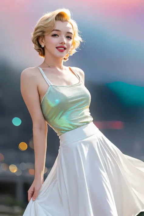 Model and background intact, (((Details in Ultra-HD quality, Realistic like a real photo, ideal))), (morbid light:1.2), (dynamic angle), RAW photos, (Marilyn Monroe), young, cute, very slim, thin, highly detailed texture (white cocktail dress), (holding a ...