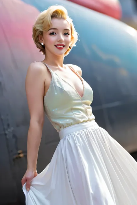 Model and background intact, (((Details in Ultra-HD quality, Realistic like a real photo, ideal))), (morbid light:1.2), (dynamic angle), RAW photos, (Marilyn Monroe), young, cute, very slim, thin, highly detailed texture (white cocktail dress), (holding a ...