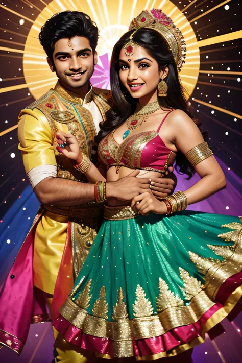 Indian men and women, glittering costumes, dancing, smiling with their mouths wide open, use of flashy colors, use of primary colors, illustration style