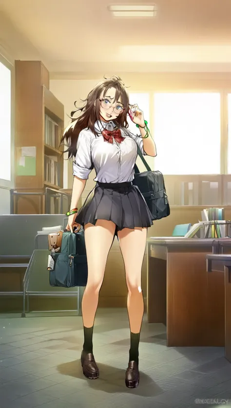 school girl, glasses, sexy, nerdy, messy hair, full body,