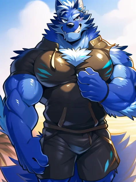 author: takemoto arashi, (1 boy), tindalos, wolf, blue fur, blue fur, blue body, black t-shirt, light shorts,  one, solo, men's ...