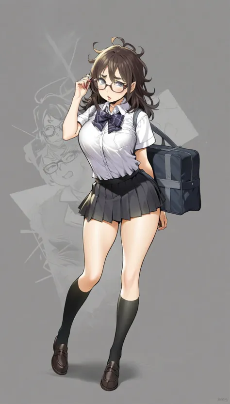 school girl, glasses, sexy, nerdy, messy hair, full body,