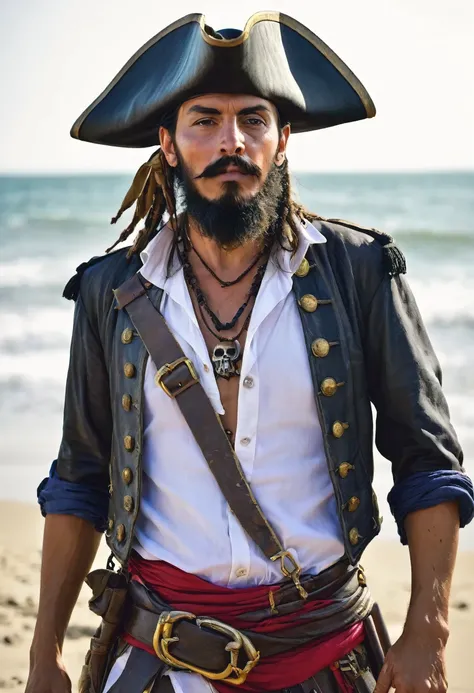 Un pirata en la playa, ((vista frontal)), detalles intrincados, en el fondo se puede ver un barco, foto realista, ultra detallado, dramatic, retrato, cuerpo entero