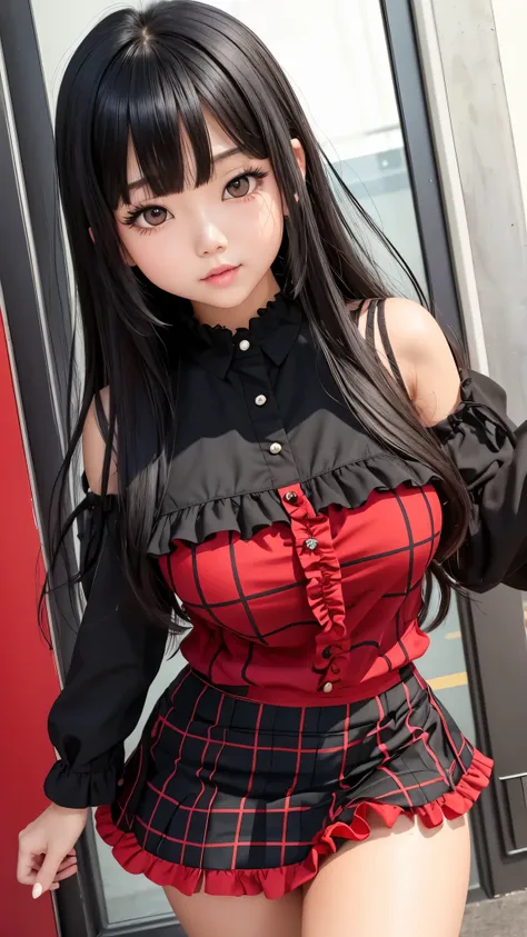 Detailed face、highlight、Asian Girl、thigh、breast enhancement、black髪、Heavy bangs、(Frill Style、)(Checked mini skirt、red、black、) 