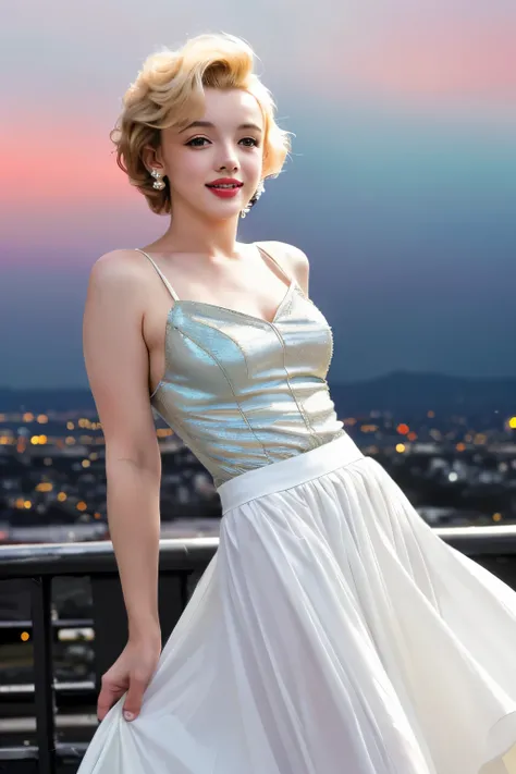 Model and background intact, (((Details in Ultra-HD quality, Realistic like a real photo, ideal))), (morbid light:1.2), (dynamic angle), RAW photos, (Marilyn Monroe), young, cute, very slim, thin, highly detailed texture (white cocktail dress), (holding a ...