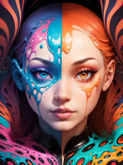 (a person with features distorting and melting into vibrant, abstract patterns),(artistic indoor setup),(photoshop post-processing to exaggerate features and colors),(melting face),(animated),(trippy),(surreal),(vibrant),(abstract),(psychedelic),(fluidity)...