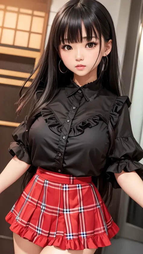 Detailed face、highlight、Asian Girl、thigh、breast enhancement、black髪、Heavy bangs、(Frilled shirt、)(Checked mini skirt、red、black、) 