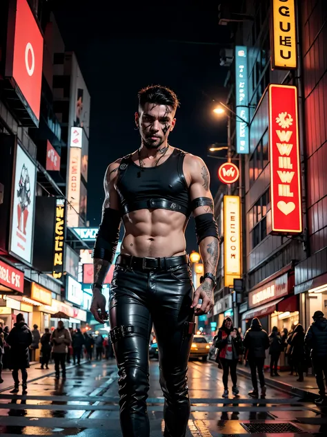 Professional photo in cyberpunk style, thigh-high photo, one man, metal skull, scar on face, metal torso, metal arms, old rusty armor, night city, neon lights, eye contact, looking at viewer, masterpiece, best quality, perfect  detail, depth of field, perf...