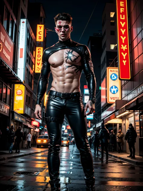 Professional photo in cyberpunk style, thigh-high photo, one man, metal skull, scar on face, metal torso, metal arms, old rusty armor, night city, neon lights, eye contact, looking at viewer, masterpiece, best quality, perfect  detail, depth of field, perf...