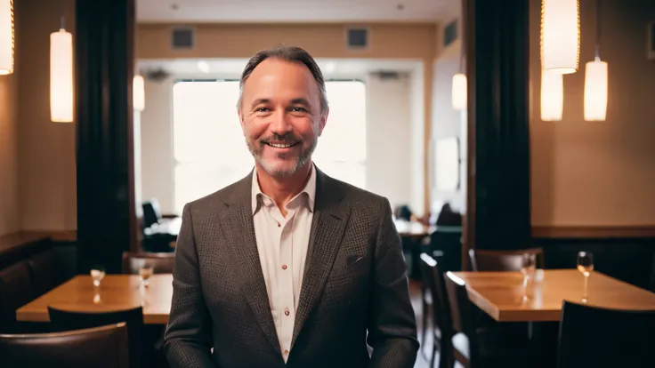 Photo of a rich and well-dressed 48-year-old man, he is smiling and standing next to a table in a restaurant, luz de cinema, film grain