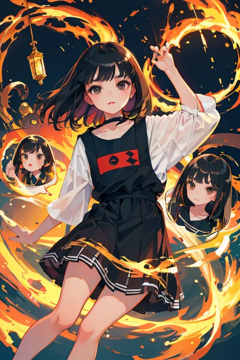 (child)，highest quality，Beautiful face in every detail，cute，Dark brown eyes，(背の低いcute女の子，Small young student，Young delicate girl）,（masterpiece，Top quality)，Black Hair，Sleepy expression，Short sleeve white shirt，Colorful checked skirt