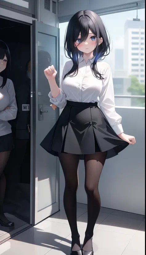 One Girl、positive、Standing posture、Full body portrait、Black Hair、Medium Haircut、blush、Absolute area、Black knee-high socks、Knee-length、stockings、Black Pantyhose、White underwear、Light blue shirt、Blue-gray business suit、Grey tight mini skirt、Japanese office l...