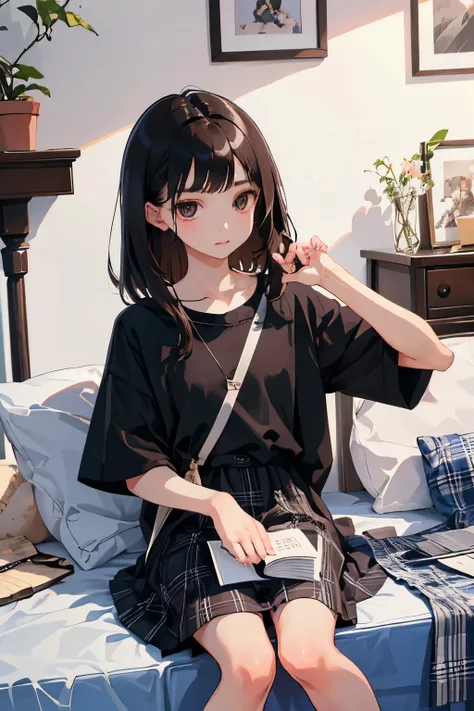 (child)，highest quality，Beautiful face in every detail，cute，Dark brown eyes，(背の低いcute女の子，Small young student，Young delicate girl）,（masterpiece，Top quality)，Black Hair，Sleepy expression，Short sleeve，Plaid white skirt