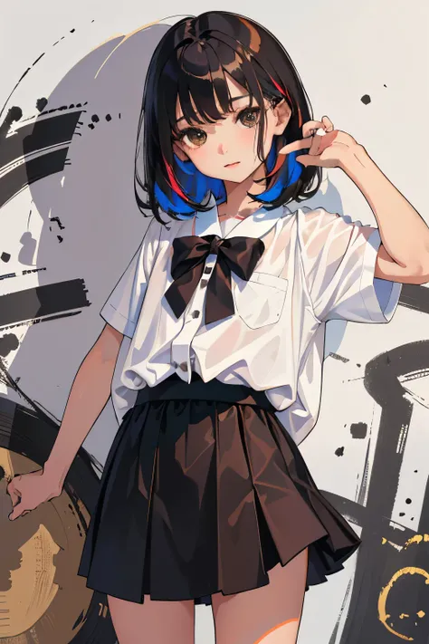 (child)，highest quality，Beautiful face in every detail，cute，Dark brown eyes，(背の低いcute女の子，Small young student，Young delicate girl）,（masterpiece，Top quality)，Black Hair，Sleepy expression，Short sleeve white shirt，Colorful checked skirt