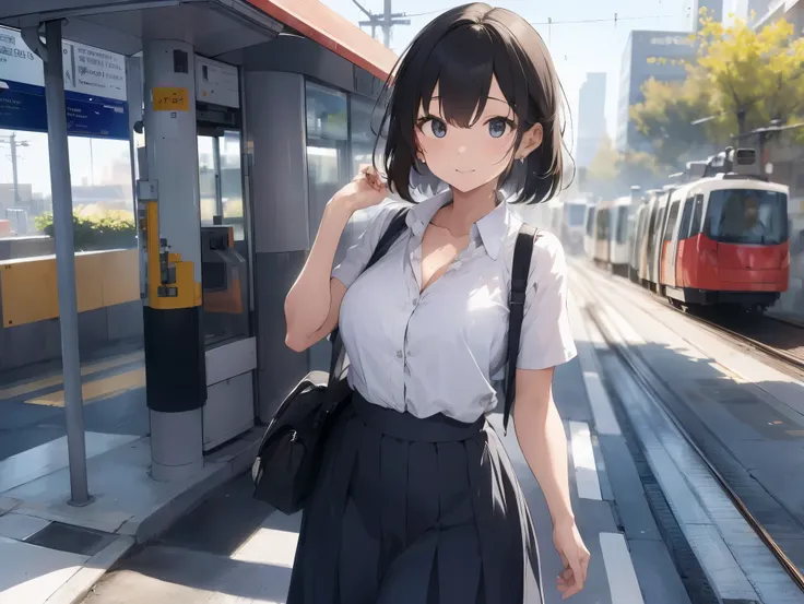  in long skirt、Tram stations、Shirt clinging to no-bra 、Skirt flip