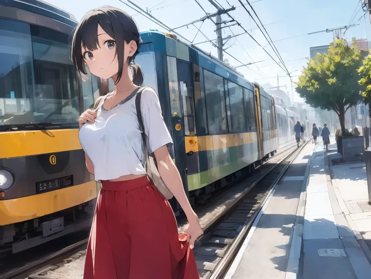  in long skirt、Tram stations、Shirt clinging to no-bra 、Skirt flip