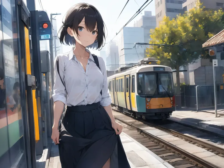  in long skirt、Tram stations、Shirt clinging to no-bra 、Skirt flip