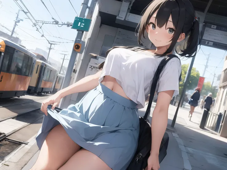  in long skirt、Tram stations、Shirt clinging to no-bra 、Cute white underwear showing off a lifted skirt